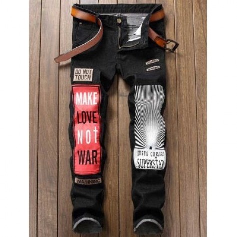 Zipper Fly Graphic Print Color Block Patch Jeans
