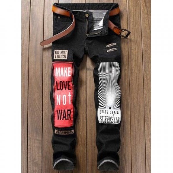 Zipper Fly Graphic Print Color Block Patch Jeans
