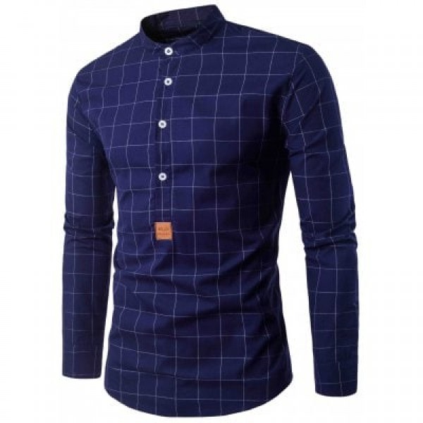 Half Buttons PU Leather Applique Checked Shirt
