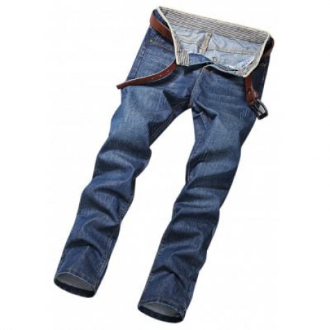 Mid Waist Straight Leg Pocket Denim Pants Men Jeans

