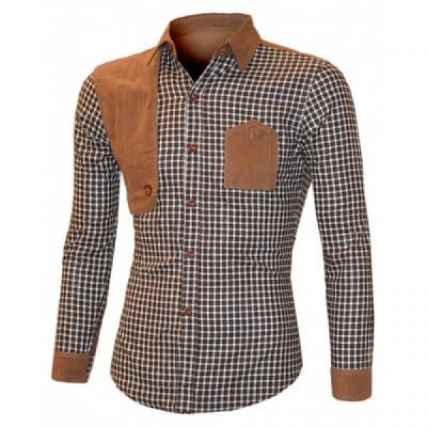 Suede Splicing Plaid Turn-Down Collar Long Sleeve Shirt For Men
