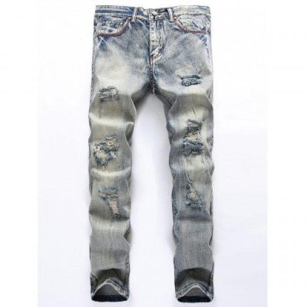 Zipper Fly Blends Wash Ripped Jeans
