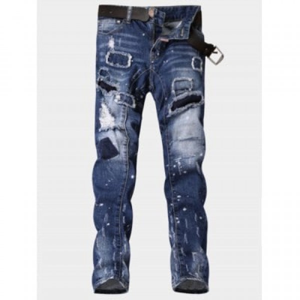 Zipper Fly Paint Print Patch Ripped Jeans
