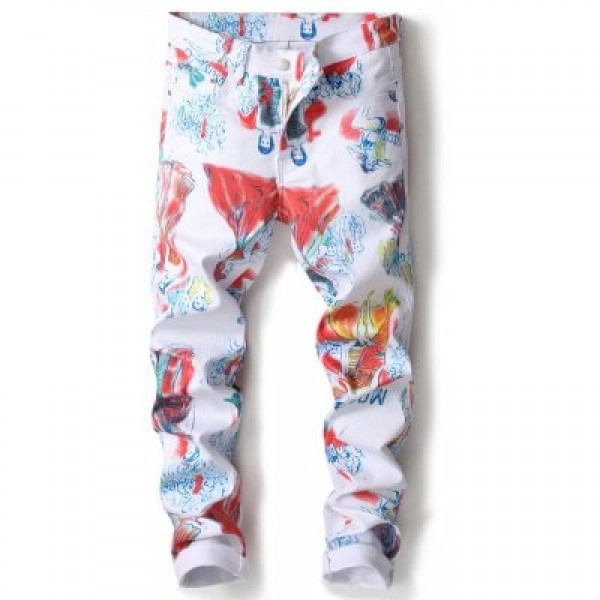 Zipper Fly Straight Leg Cartoon Painting Print Jeans
