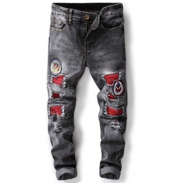 Zipper Fly Bleached Appliques Jeans
