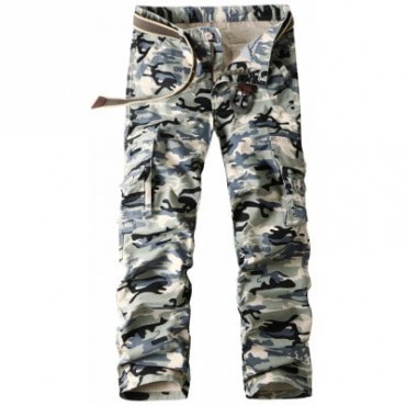 Buttton Pockets Straight Leg Camo Cargo Pants
