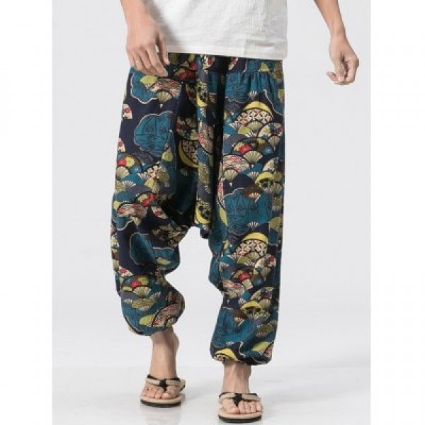 Vintage Fan Pattern Jogger Pants
