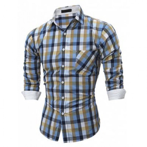 Men Fashion Button Down Long Sleeve Plaid Shirt
