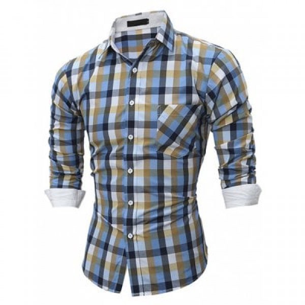 Men Fashion Button Down Long Sleeve Plaid Shirt

