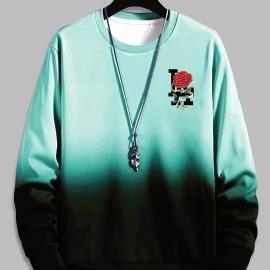 Ombre Trendy Sweatshirt, Men's Casual Retro Rose Graphic Design Slightly Stretch Crew Neck Pullover Sweatshirt For Autumn Winter