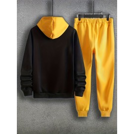 Smile Face Pattern Color Block Print, Men's 2Pcs Outfits, Casual Hoodies Long Sleeve Pullover Hooded Sweatshirt And Sweatpants Joggers Set For Spring Fall, Men's Clothing