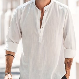 Solid Cotton Men's Long Sleeve Retro Medieval Henley Shirt Casual Beach Tops Festival Party Dress Shirt Solid Tee Shirt V-Neck Tops For Men
