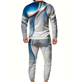 3D Pattern Print, Men's 2Pcs Outfits, Casual Crew Neck Long Sleeve Shirts T-shirt And Drawstring Sweatpants Joggers Set For Summer, Men's Clothing