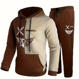 Creative Pattern Print, Men's 2Pcs Outfits, Casual Hoodies Long Sleeve Hooded Sweatshirt And Sweatpants Joggers Set For Spring Fall, Men's Clothing