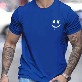 Smile Print, Men's Graphic Design Crew Neck T-shirt, Casual Comfy Tees Tshirts For Summer, Men's Clothing Tops For Daily Vacation Resorts