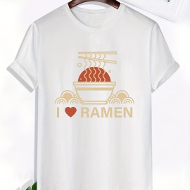 Ramen Lover Pattern Print Men's Comfy Slightly Stretch T-shirt, Graphic Tee Men's Summer Clothes, Men's Casual Outfits For Sports Fitness