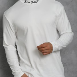 LOS ANGELES Print Men's Casual Turtleneck Long Sleeve Fit Slim T-shirt, Spring Fall