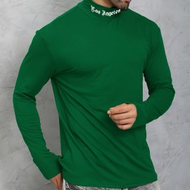 LOS ANGELES Print Men's Casual Turtleneck Long Sleeve Fit Slim T-shirt, Spring Fall