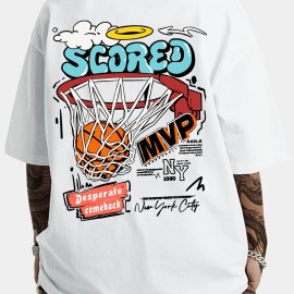 Cotton Blend Cartoon Basketball Print, Men's Graphic Design Crew Neck Novel T-shirt, Casual Comfy Drop Shoulder Loose Tees For Summer, Men's Clothing For Daily Vacation Resorts