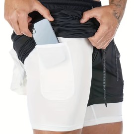 2-in-1 Double Layer Shorts With Inner Pocket, Men's Mid Stretch Sports Shorts For Summer Gym Workout Training