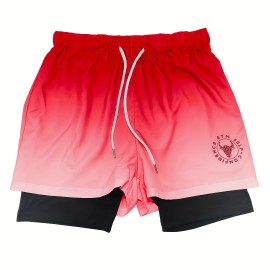 2-in-1 Double Layer Shorts With Inner Zipper Pocket, Men's Mid Stretch Sports Shorts For Summer Gym Workout Training