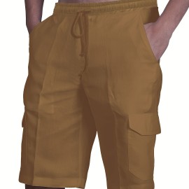 Classic Design Cotton Cargo Shorts, Men's Casual Multi Pocket Waist Drawstring Cargo Shorts For Summer Outdoor