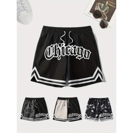 Letter Print Chevron Quick Drying Comfy Shorts, Men's Casual Waist Drawstring Shorts For Summer Gym Workout Training
