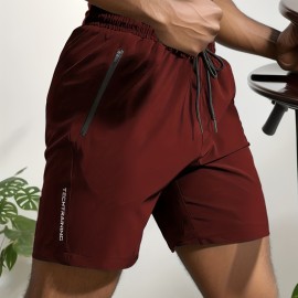 Quick Drying Comfy Active Shorts, Men's Casual Zipper Pockets Stretch Waist Drawstring Shorts For Summer Gym Workout Training
