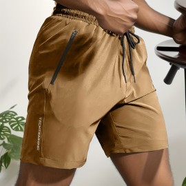 Quick Drying Comfy Active Shorts, Men's Casual Zipper Pockets Stretch Waist Drawstring Shorts For Summer Gym Workout Training