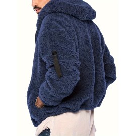 Cool Fluffy Solid For Men, Men's Casual   Polar Fleece Pullover Hooded Sweatshirt With Zipper Streetwear For Winter Fall, As Gifts
