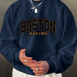 BOSTON Print Fashionable Men's Casual Long Sleeve Crew Neck Pullover Sweatshirt,Suitable For Outdoor Sports,For Autumn Spring,Can Be Paired With Hip-hop Necklace,As Gifts