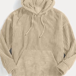 Vintage Corduroy Hoodies For Men, Men's Casual Pullover Hooded Sweatshirt With Kangaroo Pocket Streetwear For Winter Fall, As Gifts