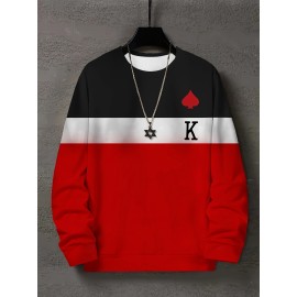 Color Block Trendy Sweatshirt, Men's Casual Graphic Design Slightly Stretch Crew Neck Pullover Sweatshirt For Autumn Winter