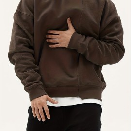 Men's Trendy Solid Sweatshirt, Casual Cotton Slightly Stretch Breathable Long Sleeve Loose Top For Outdoor